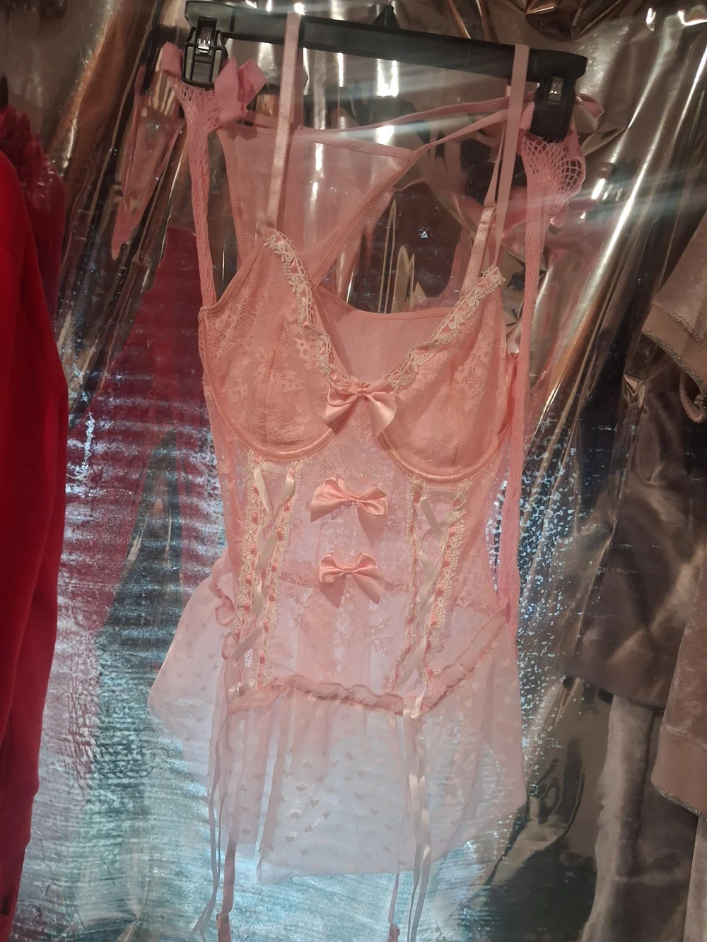 Nwots 4pc Delicate Pink Lace Babydoll Chemise with Ribbon Detail
